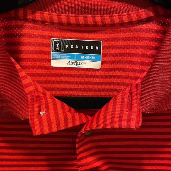 PGA Tour mens stripes power clash red orange collar golf M short sleeve shirt - Picture 2 of 4